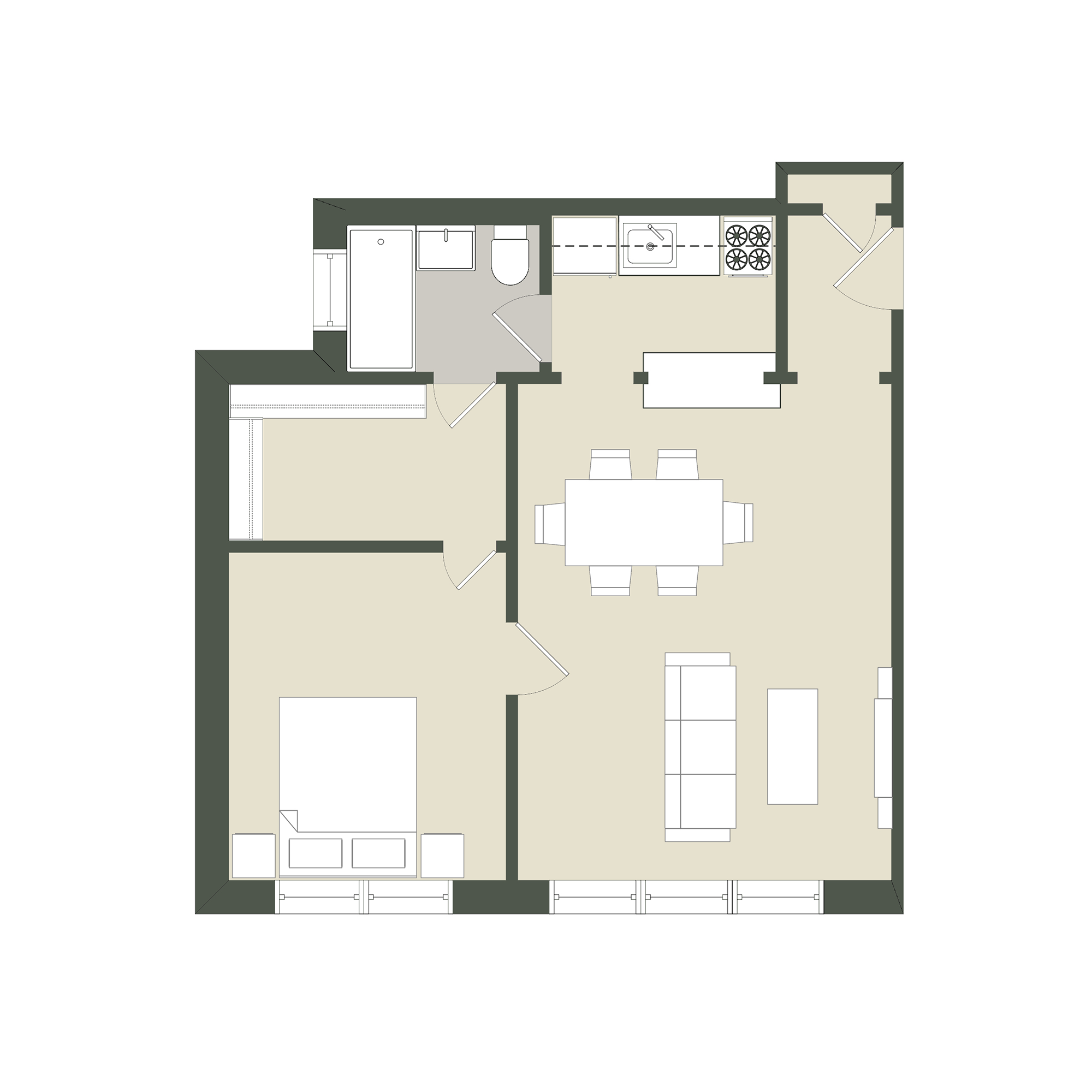 Floor plan for 1 bed, 1 bath